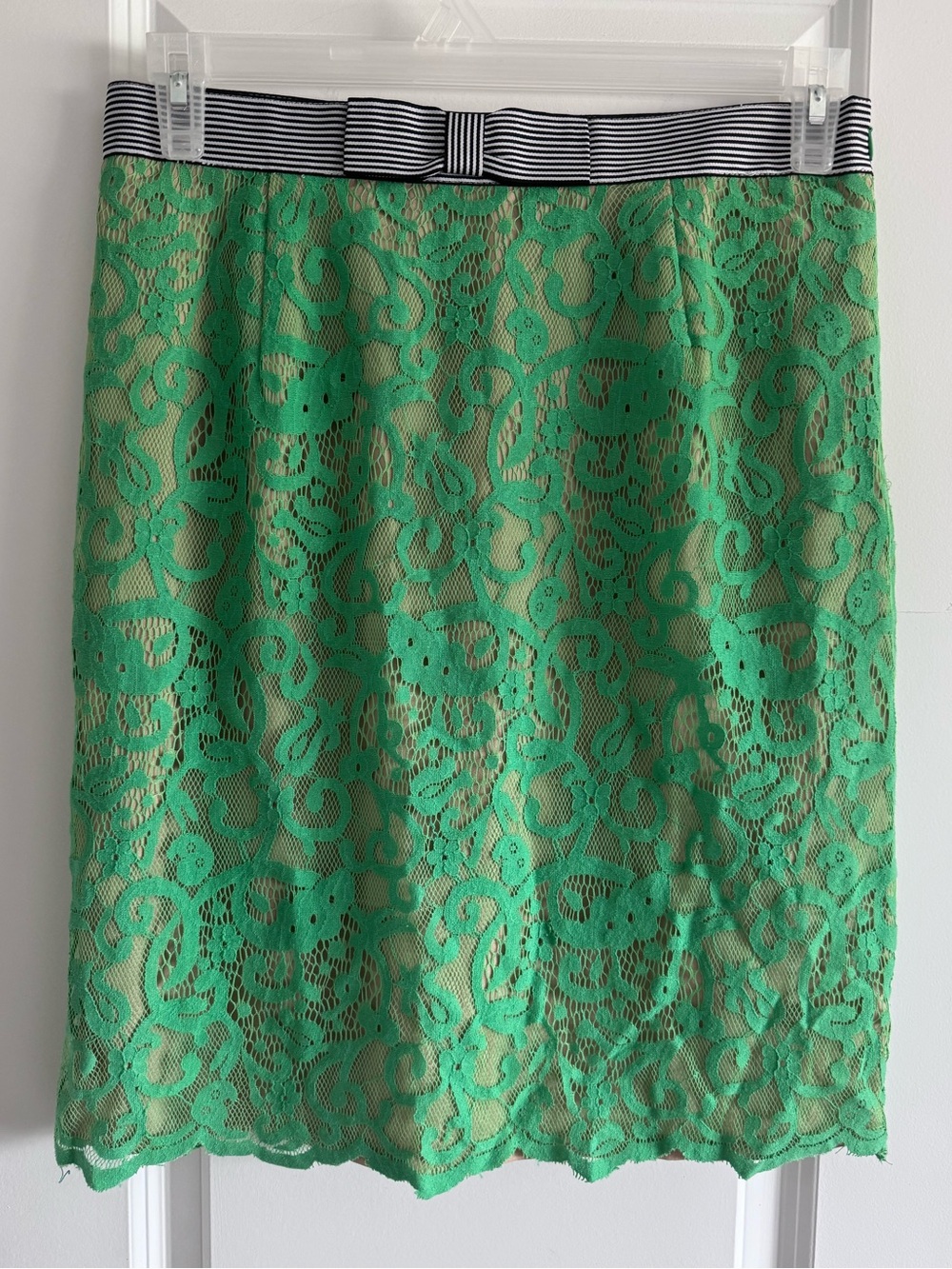 Esley Green Lace Pencil Skirt with Striped Waistband